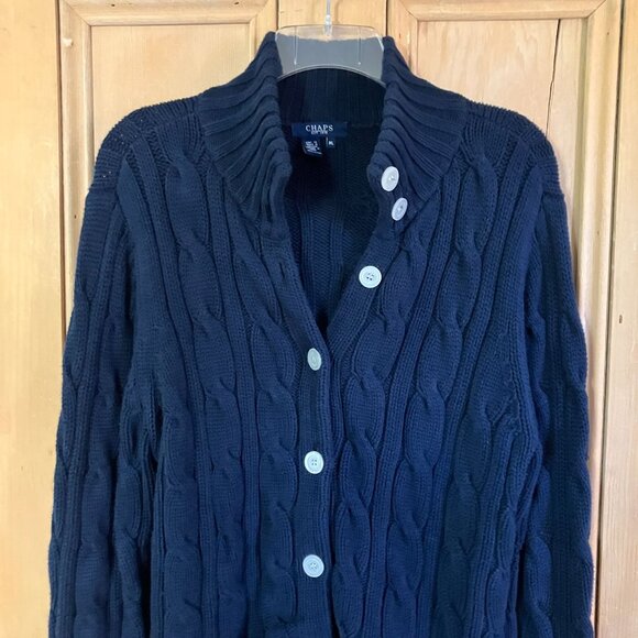 Chaps Ralph Lauren Womens Chunky Cable Knit Cardigan Sweater Size XL Blue FA EXC - Picture 1 of 11